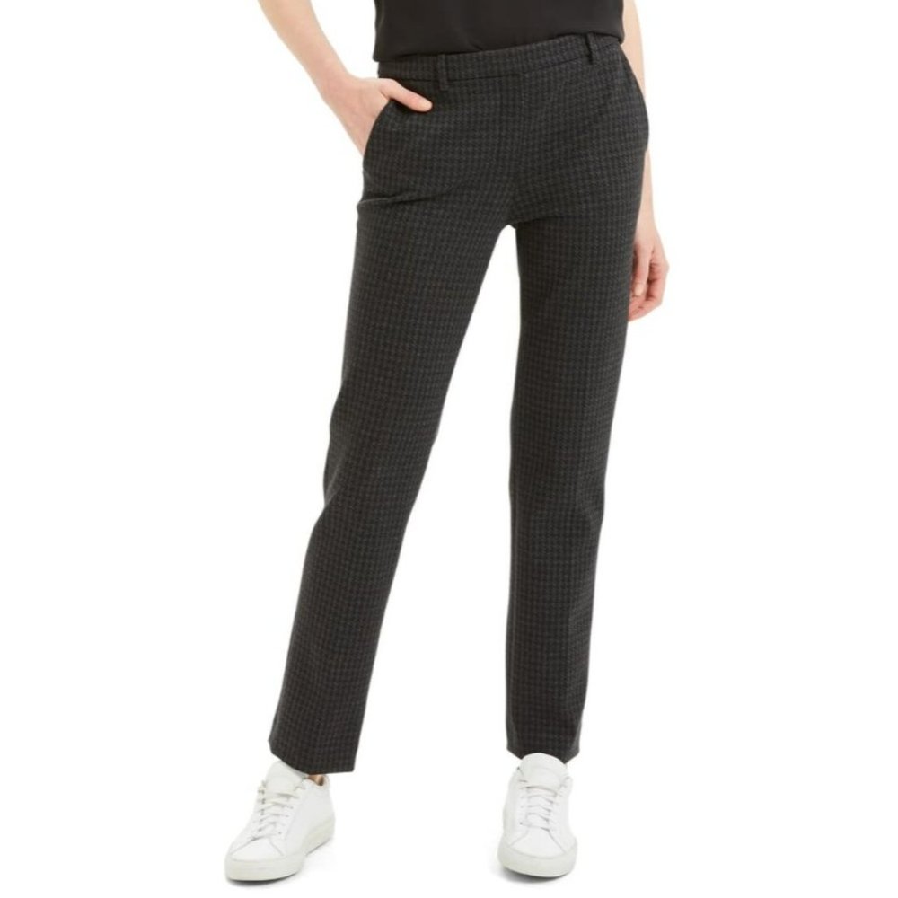 Theory Houndstooth Tailored Trouser Pants 0 Knit Twill High Rise Black